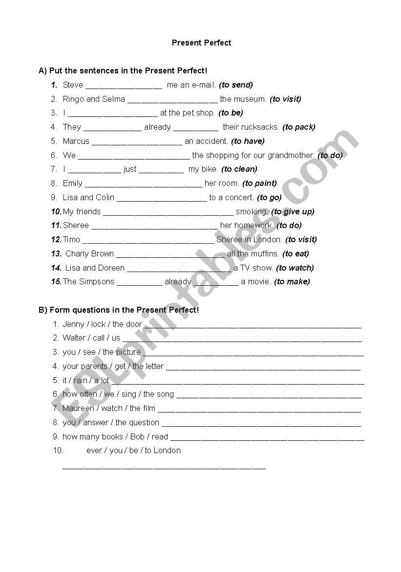 Present Perfecrt worksheet