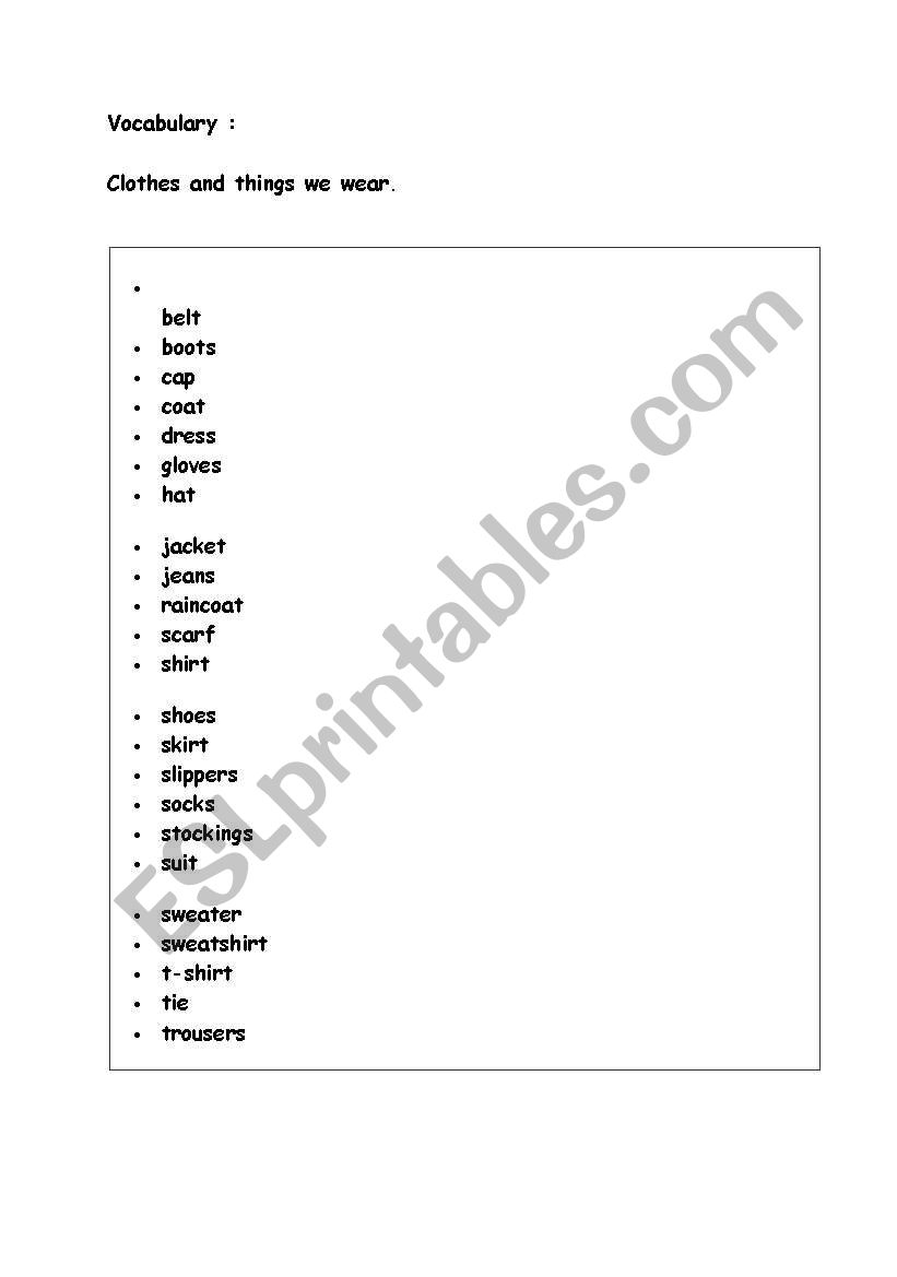 clothes vocabulary worksheet