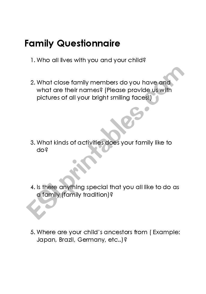 Family Take Home Questionaire worksheet