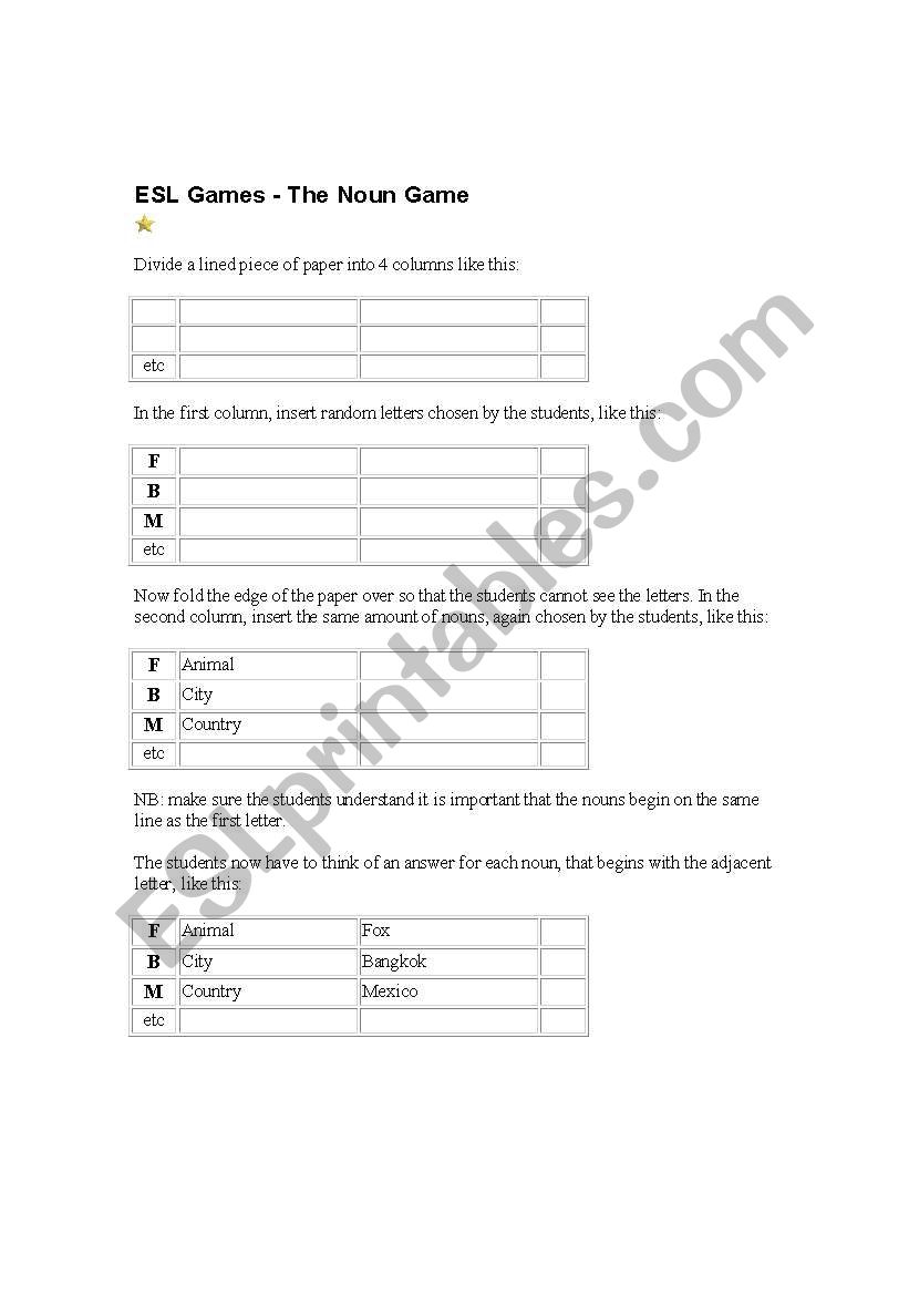 ESL Noun Game worksheet