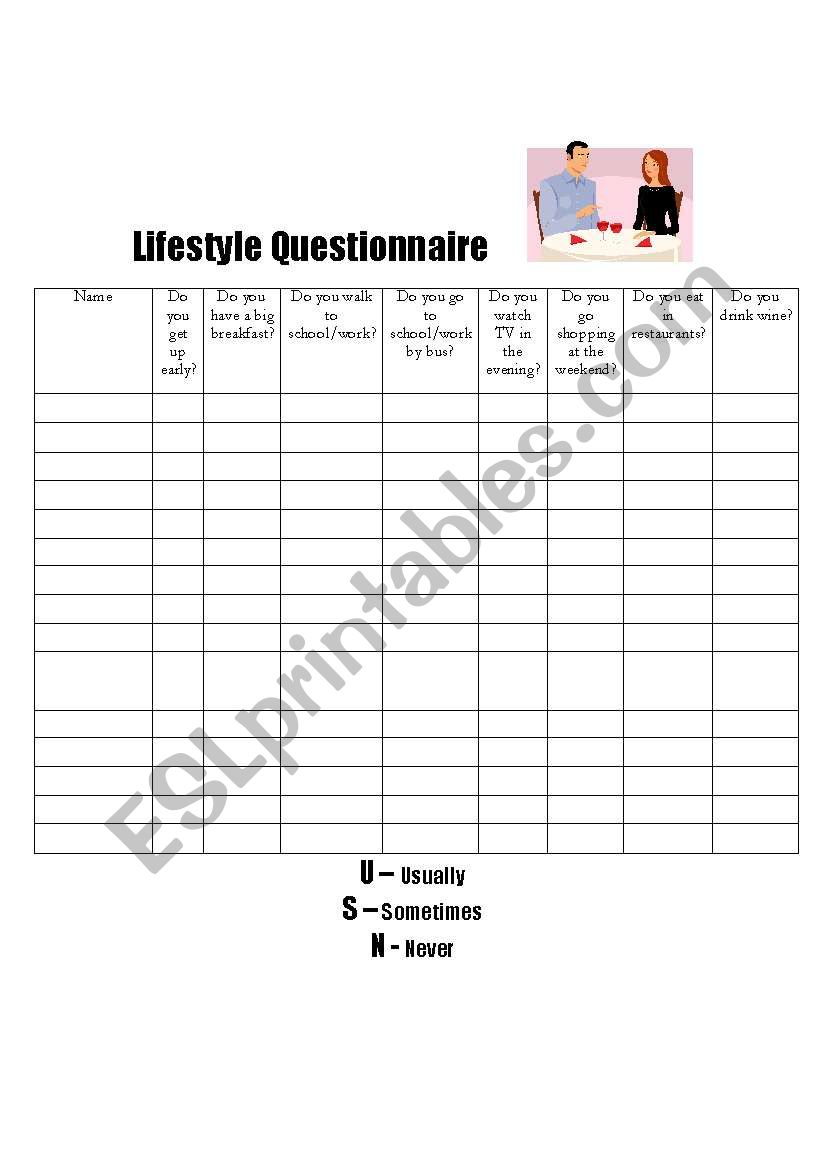 lifestyle questionnaire worksheet