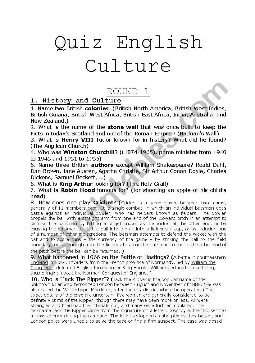 Quiz English Culture worksheet