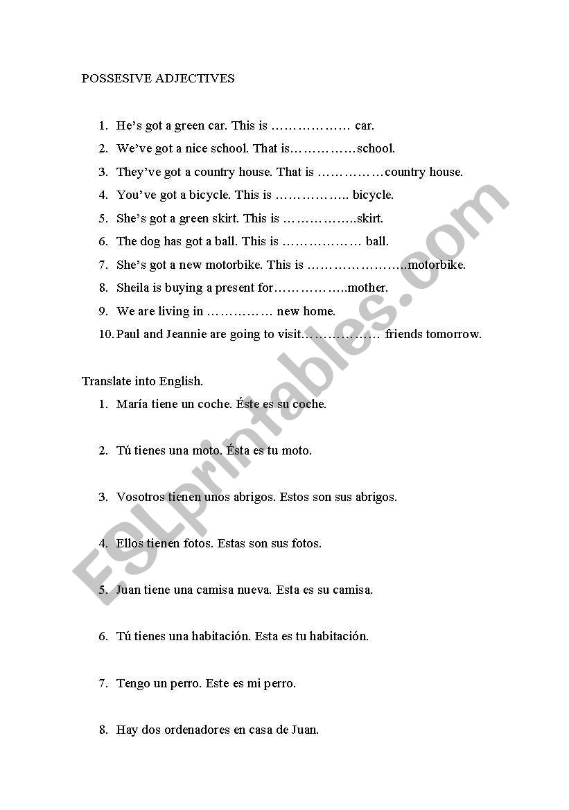 Possesive  adjectives worksheet