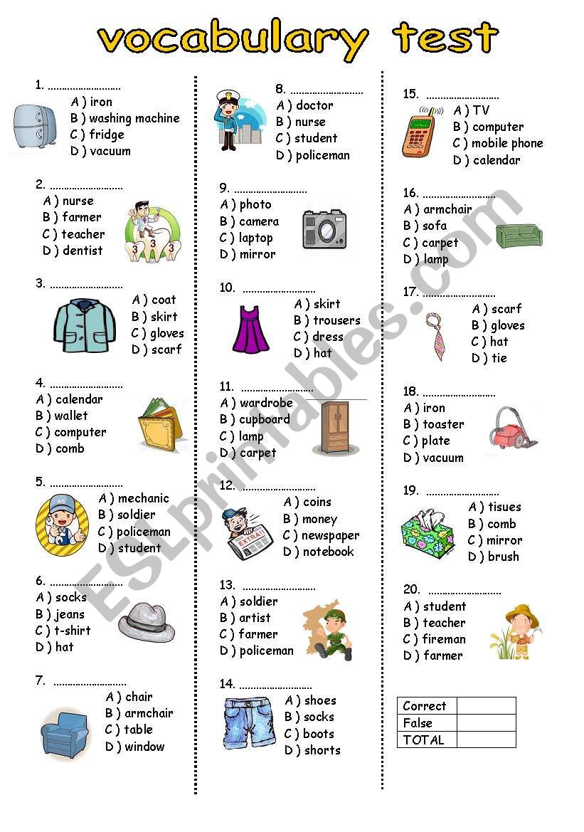 Vocabulary Test For Elementary ESL Worksheet By Bburcu