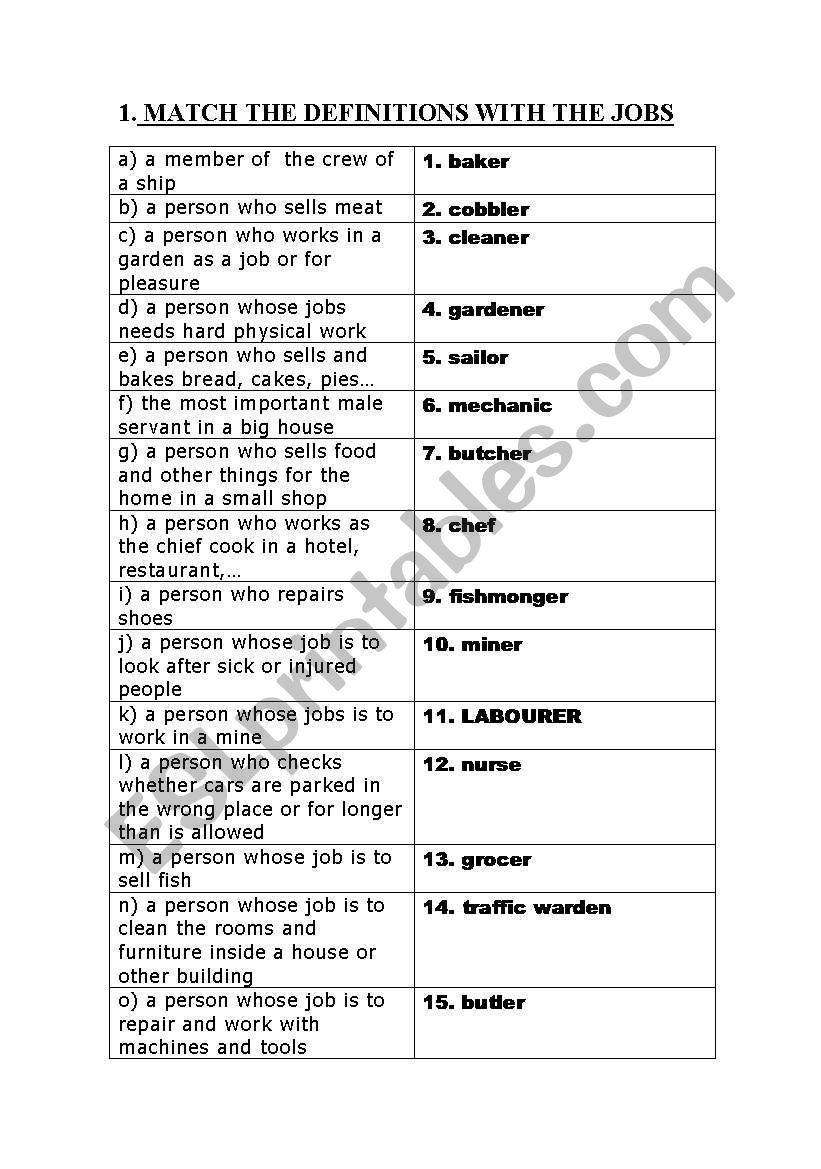 VOCABULARY: MATCH THE JOBS WITH THE PICTURES