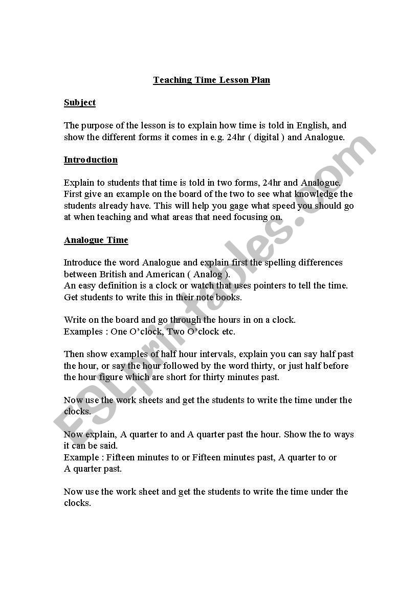 Time lesson plan worksheet