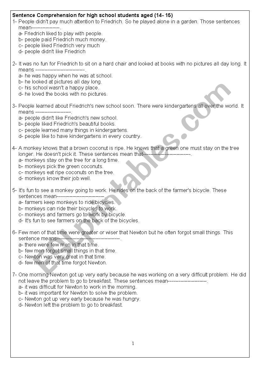 English worksheets: Sentence Comprehension