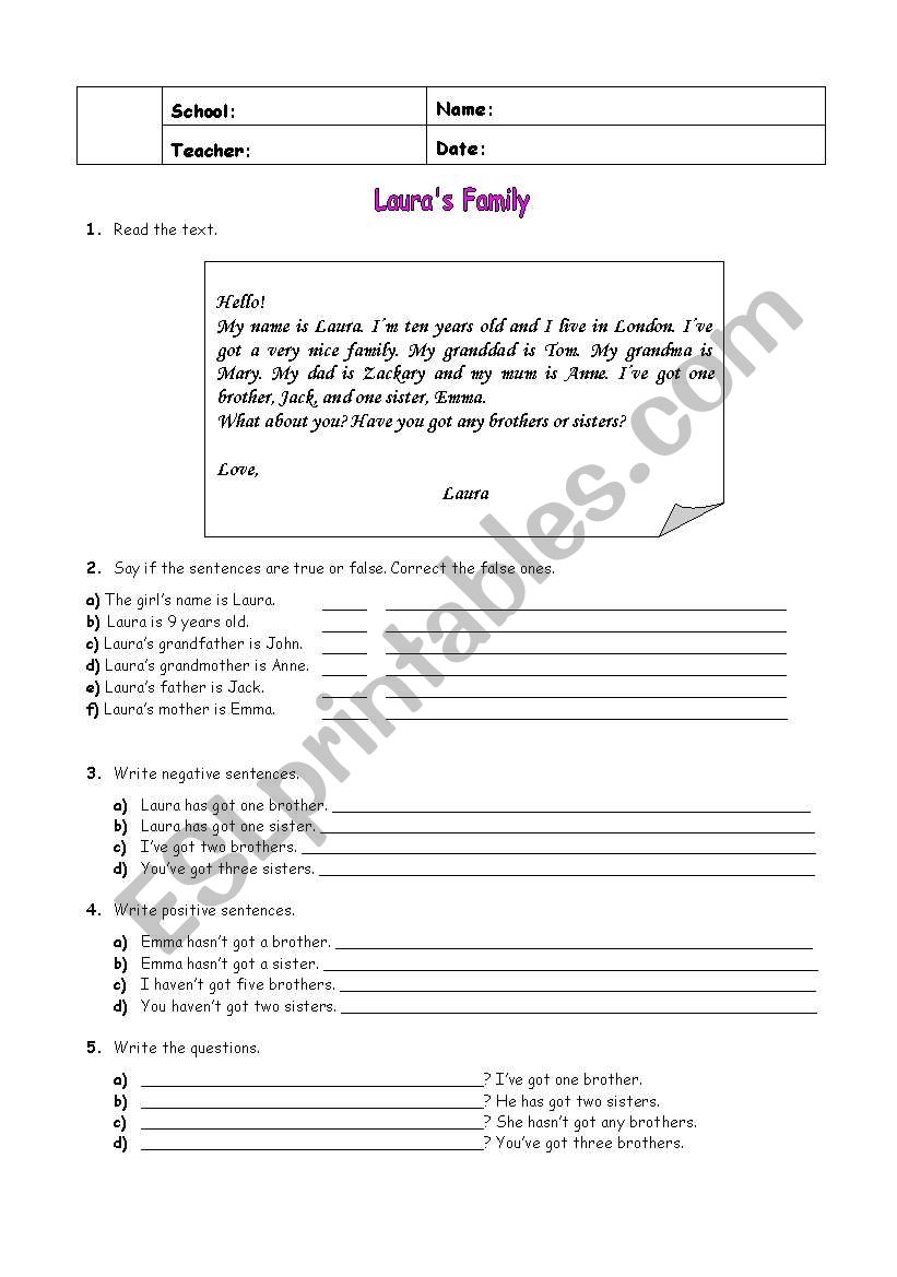 Lauras family worksheet