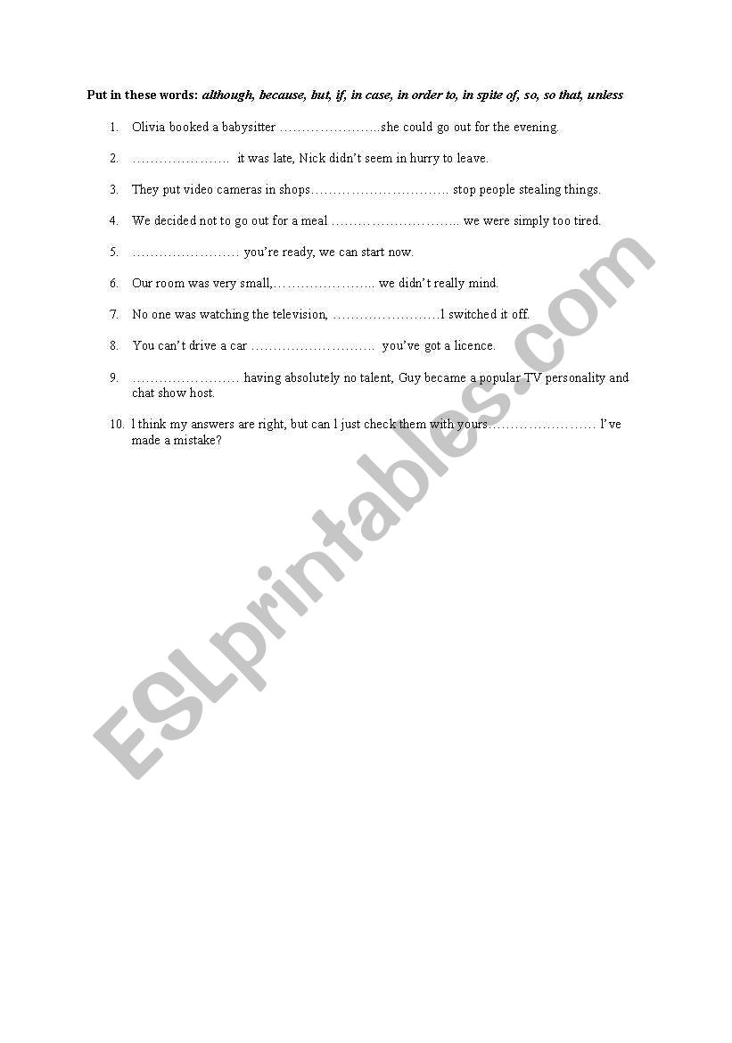 linking words worksheet