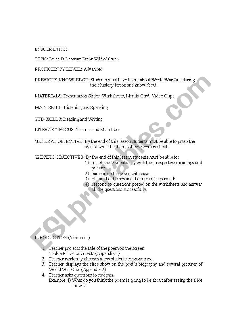 lesson plan for literature worksheet