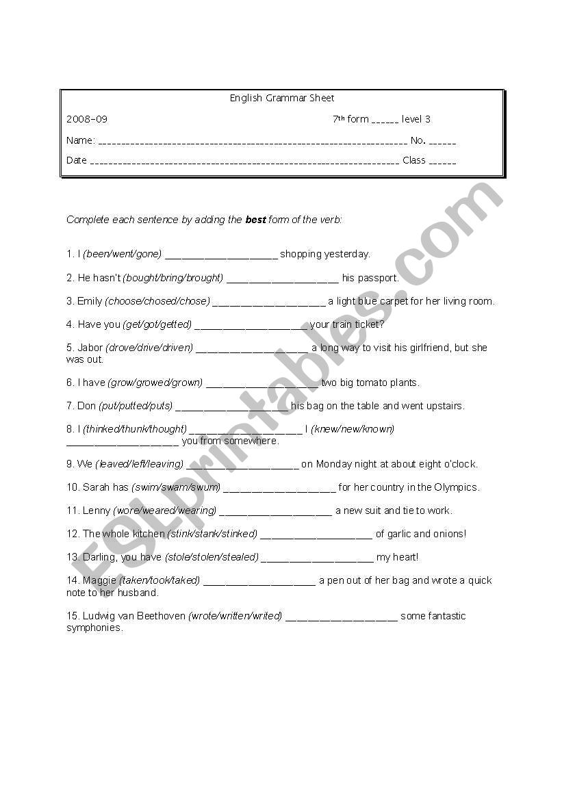 irregular verbs worksheet