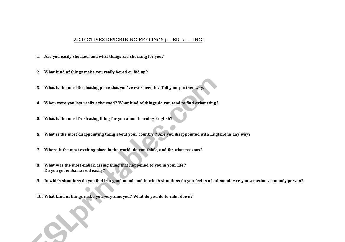 Describing Your Feelings worksheet