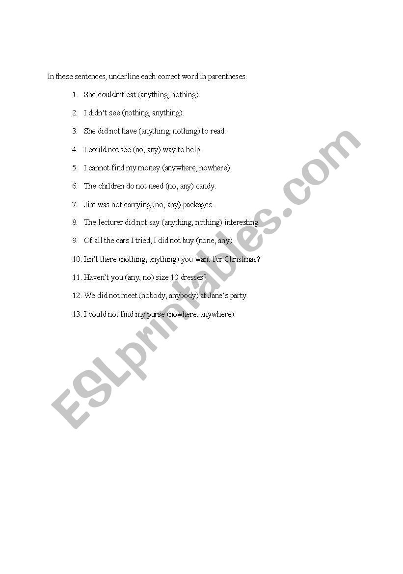 English Worksheets Double Negatives