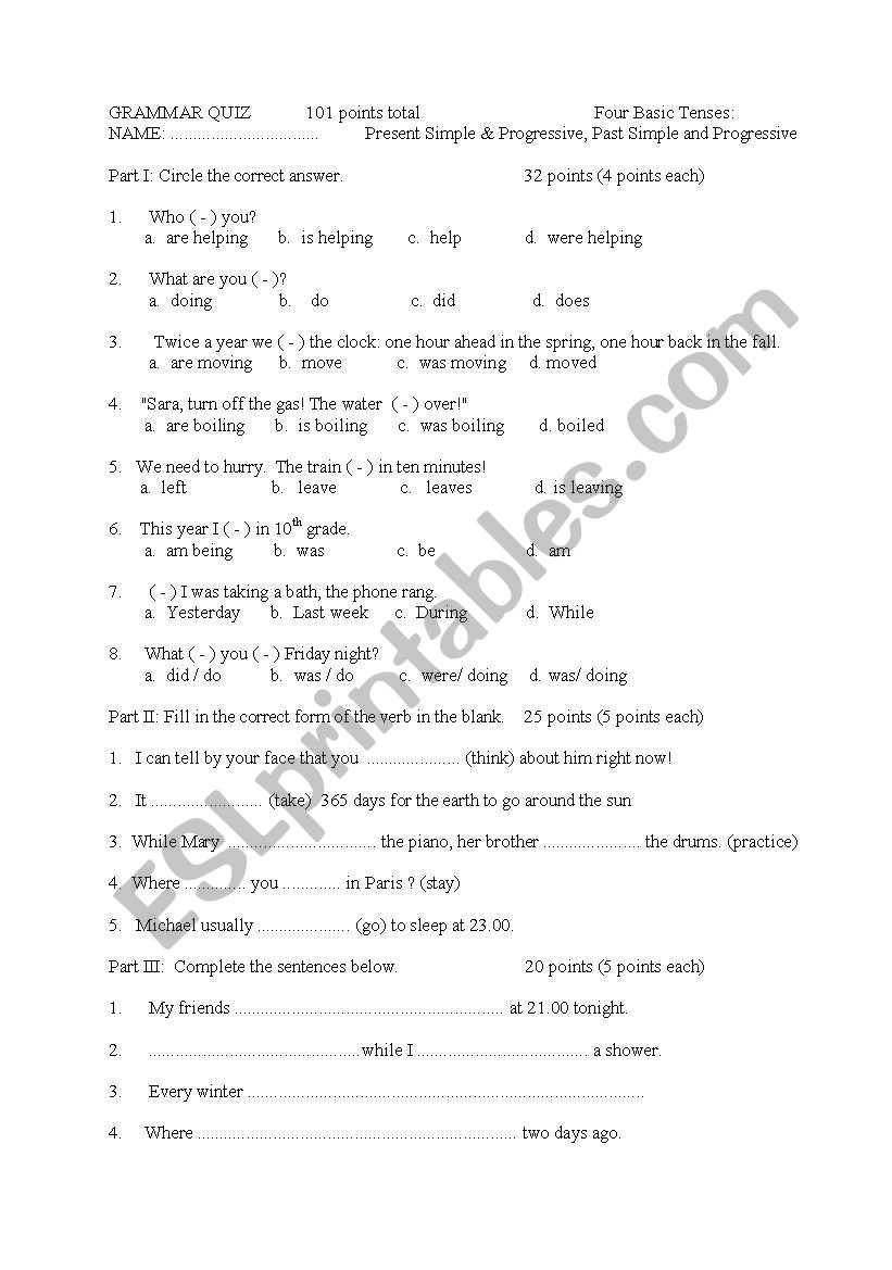 Grammar Review/Quiz - Four basic Tenses (present simple, progressive, past simple, progressive)