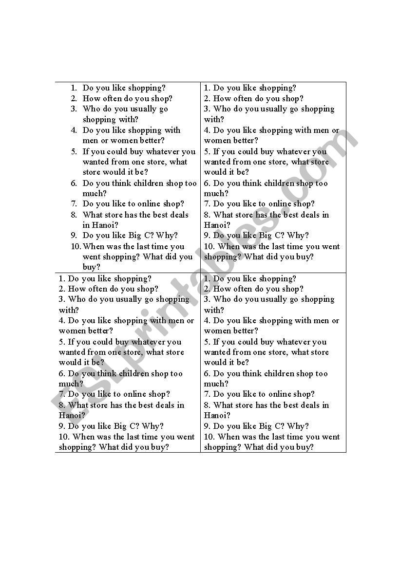 talk topic shopping worksheet