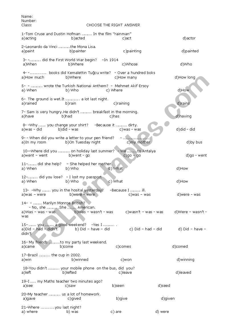 smple past test worksheet