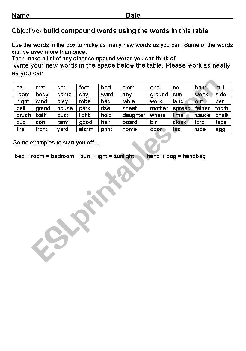 Compound words worksheet