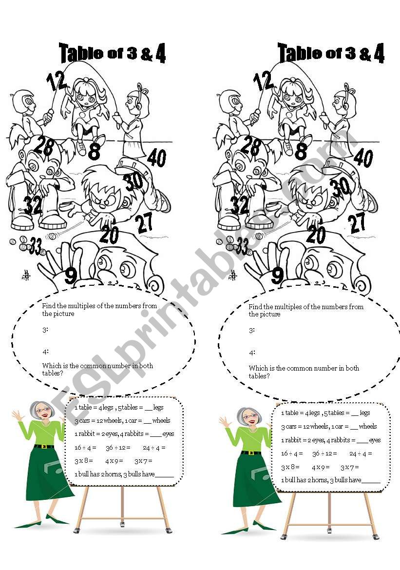 table of 3 and 4 worksheet