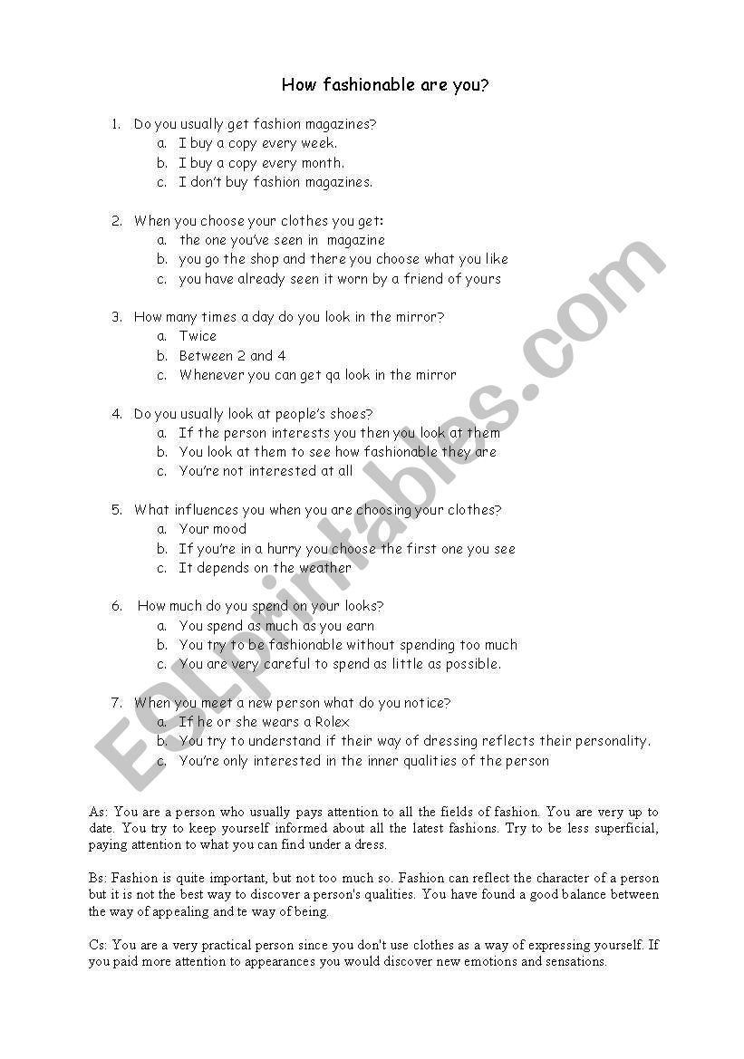How fashionable are you? Quiz worksheet