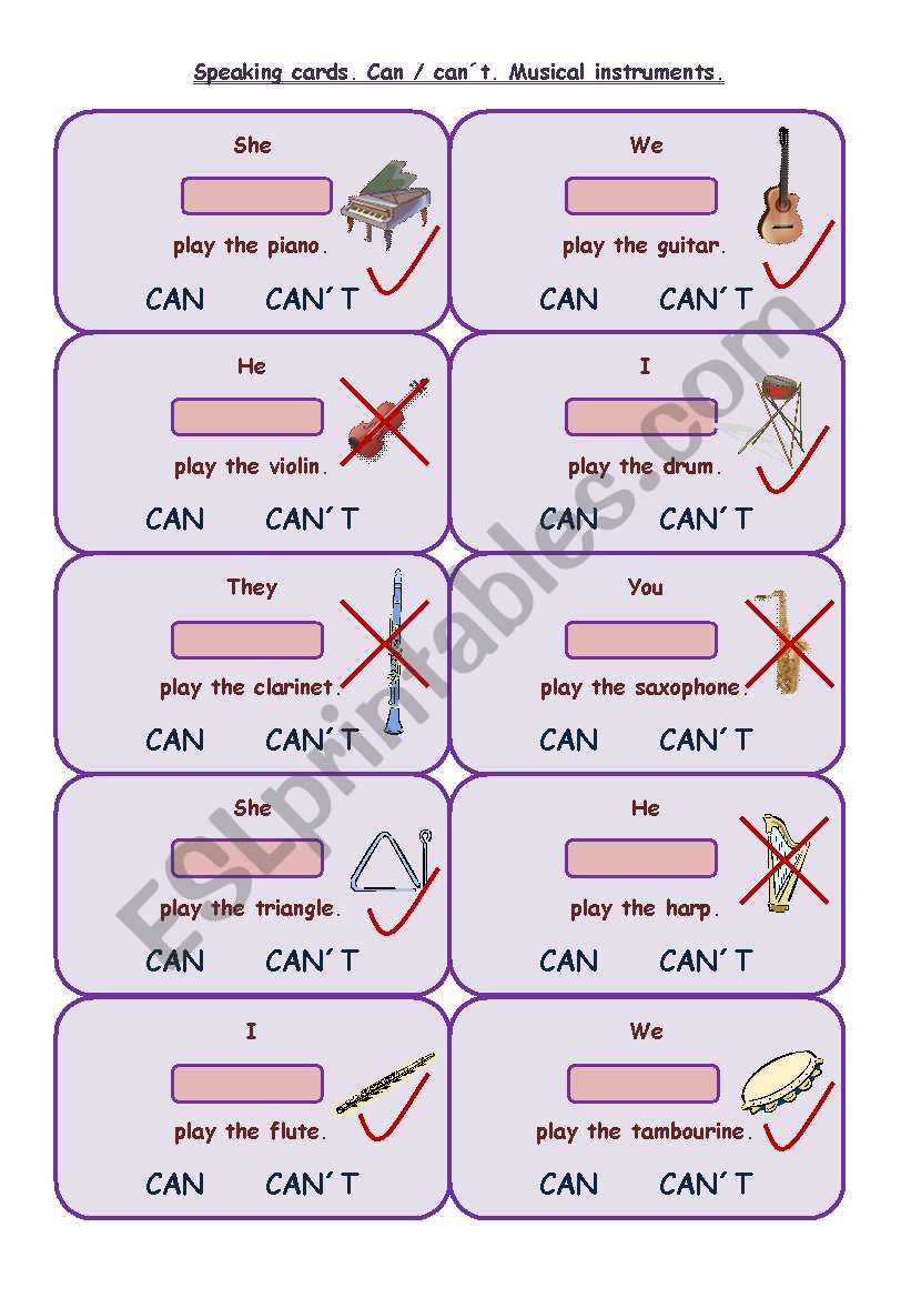 Speaking Cards Can Can´t Musical Instruments Esl Worksheet By