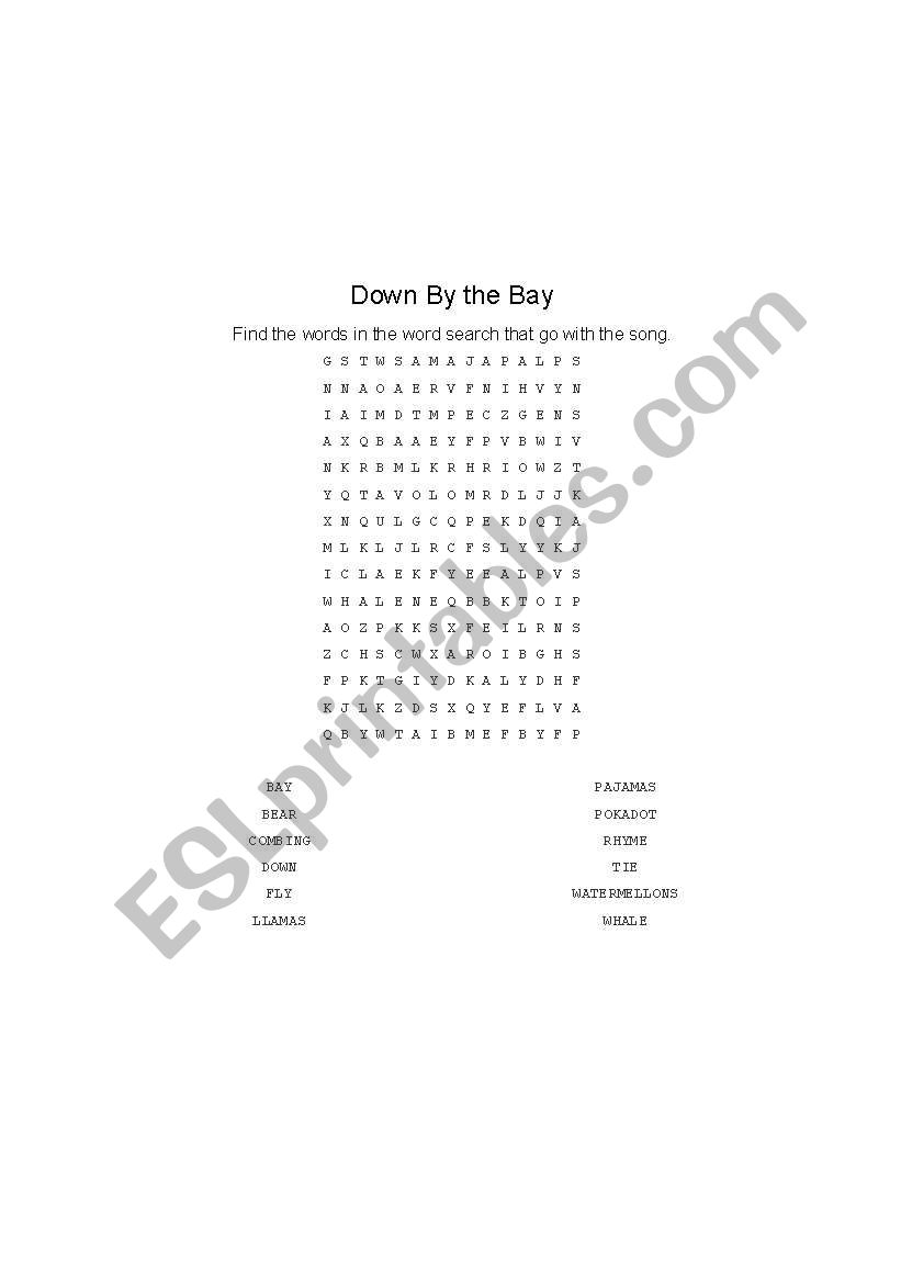 Down By the Bay word search worksheet