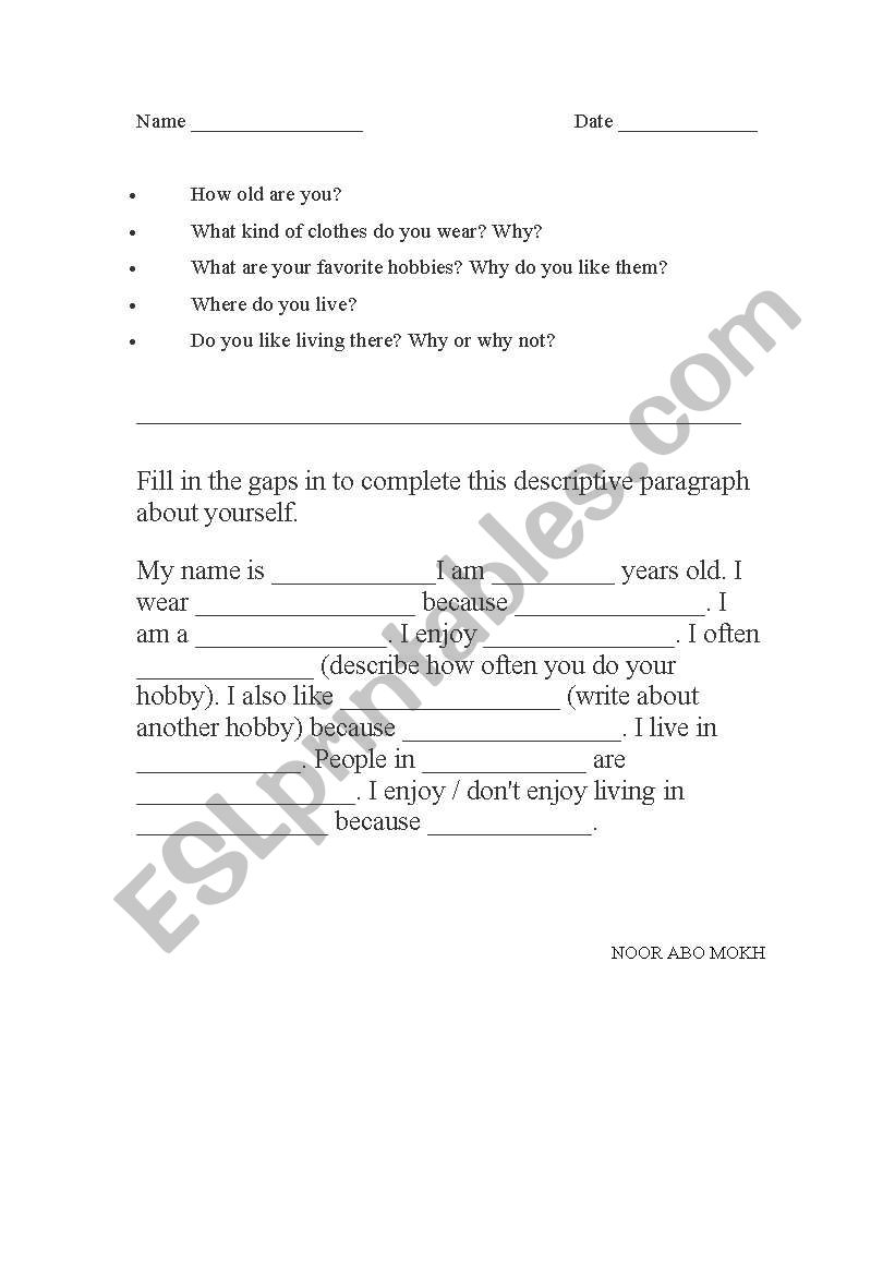 english worksheets writing descriptive paragraphs