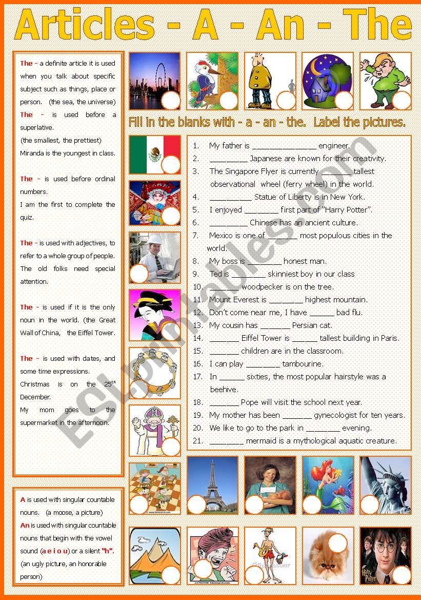 Articles - a/an/the (include B/W and keys) - ESL worksheet by shusu-euphe