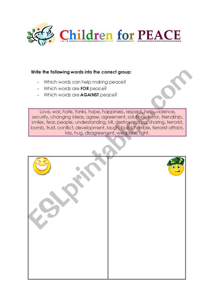 CHILDREN FOR PEACE worksheet