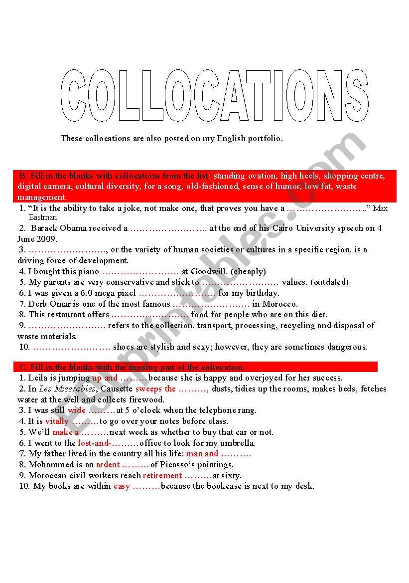 English Collocations and Key worksheet
