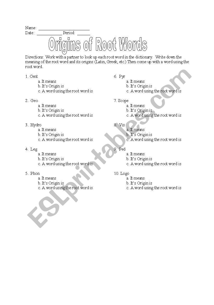 Origins of Root Words worksheet