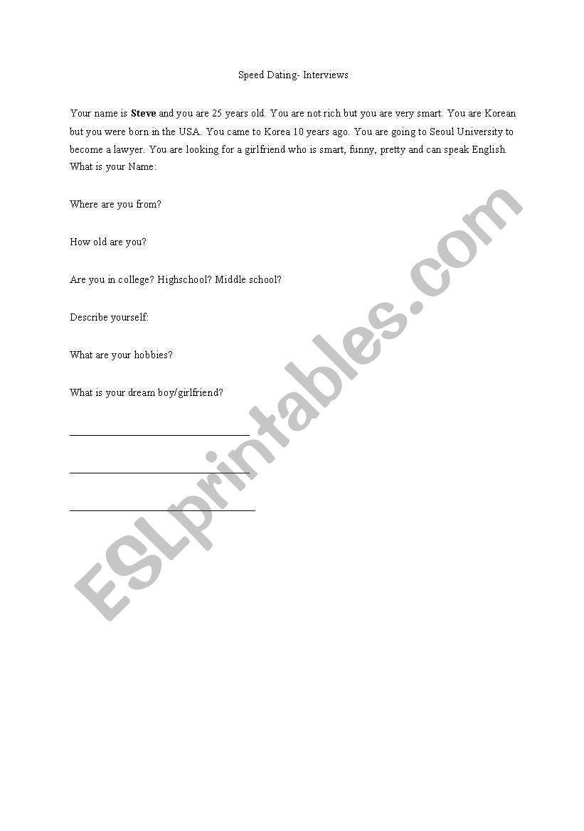 Speed Dating worksheet