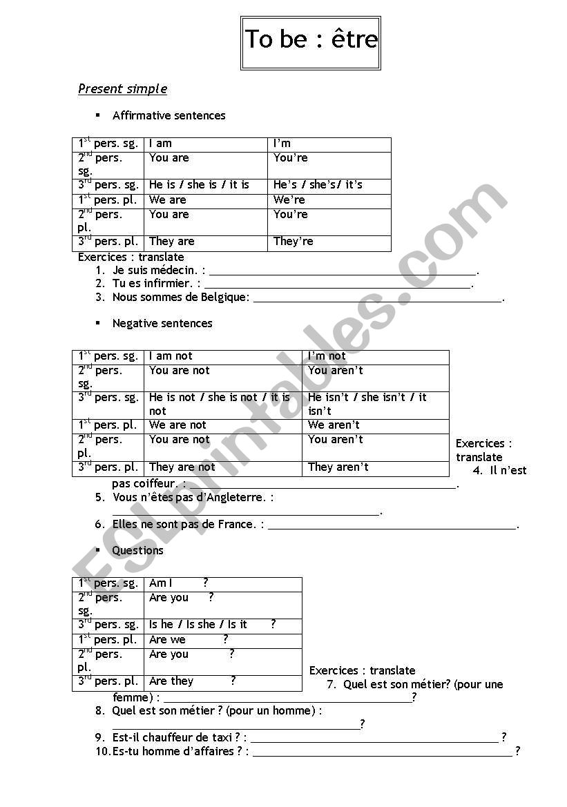 To be (French version) worksheet