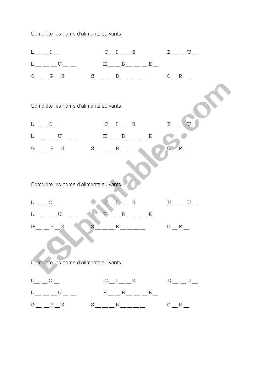 FOOD Complete the words worksheet