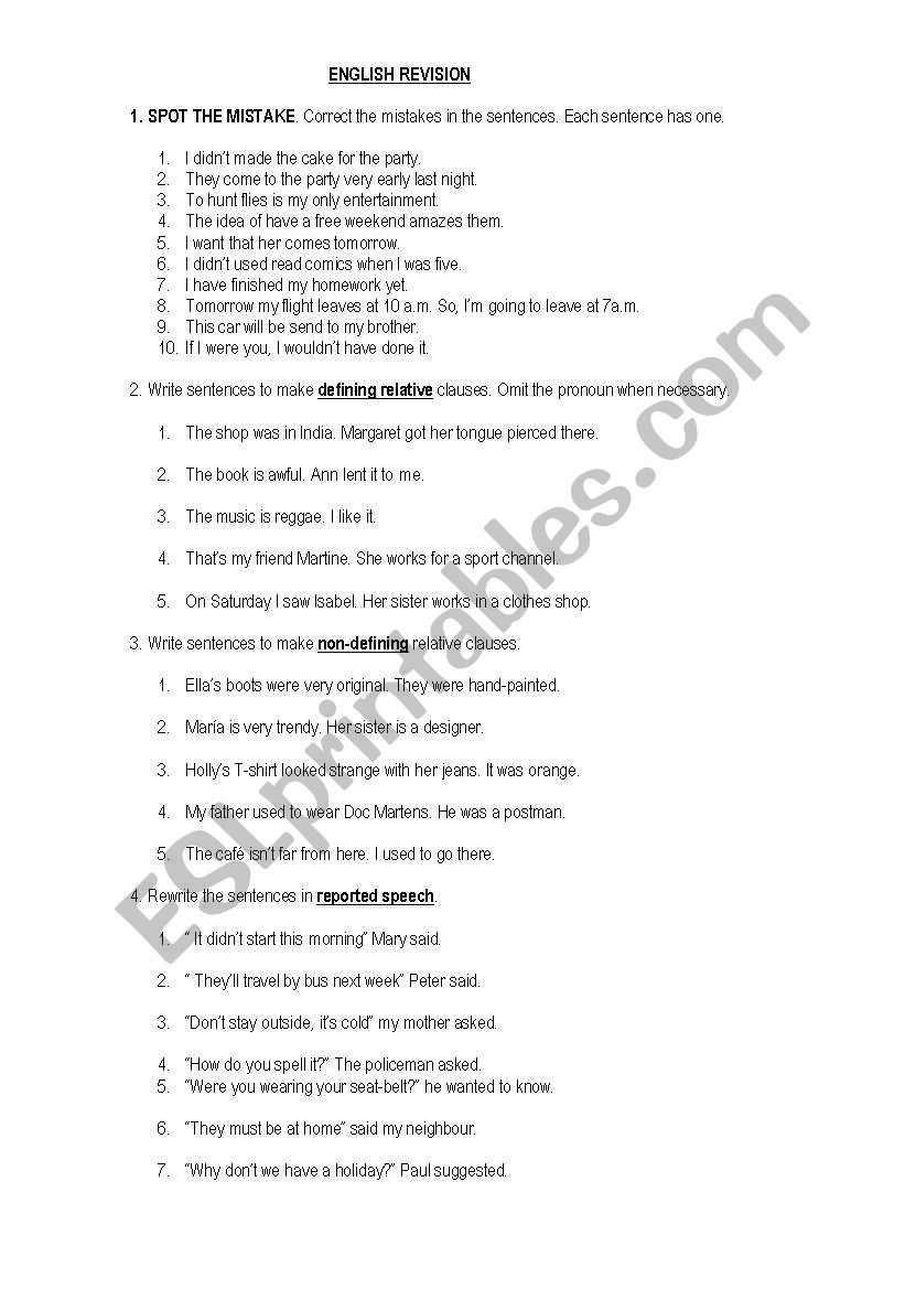 English grammar revision worksheet