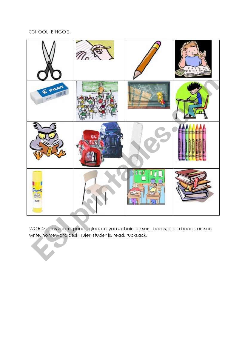 school bingo 2 worksheet