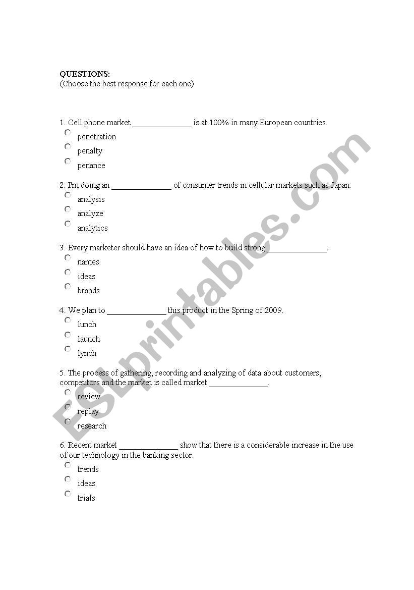 marketing  worksheet