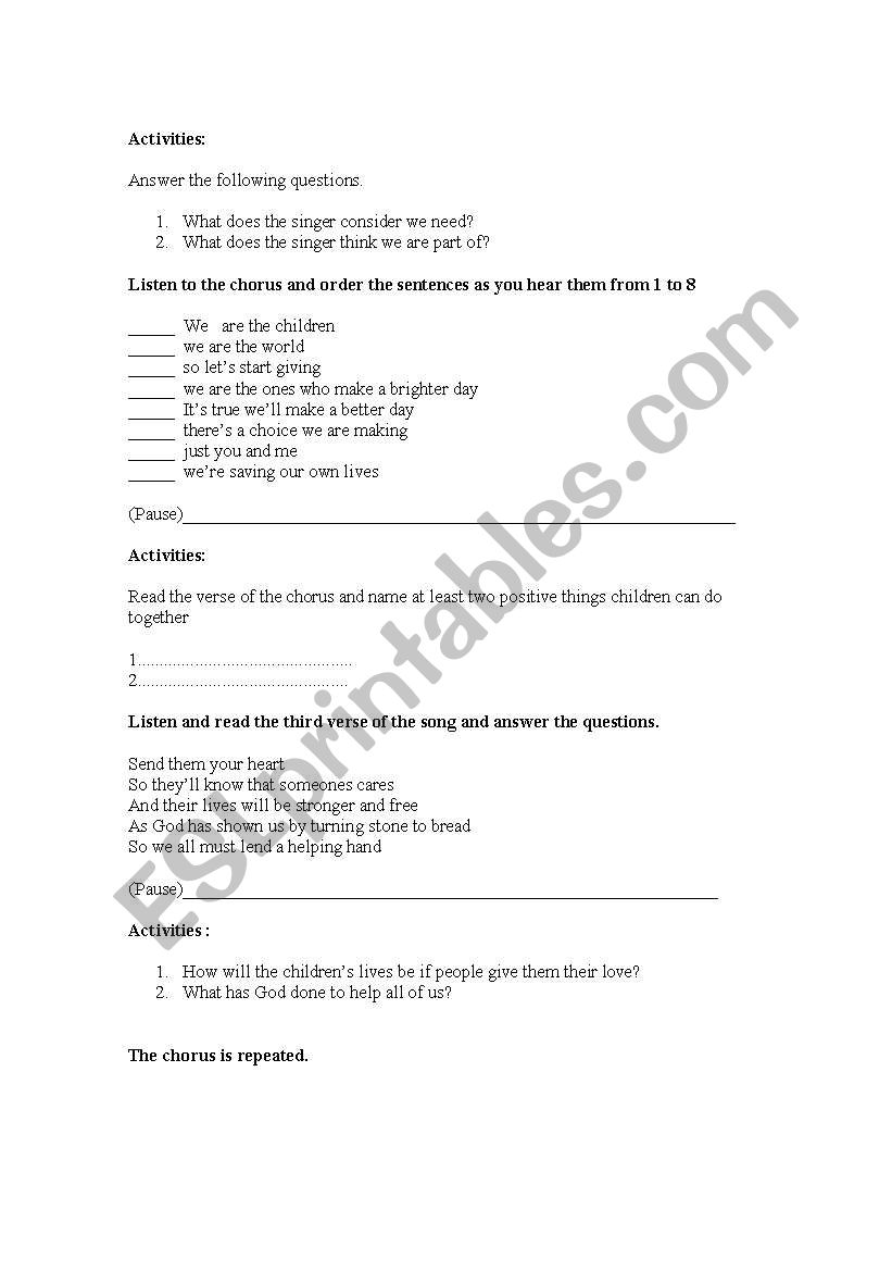 we are the world lyrics singers - ESL worksheet by Flor1801