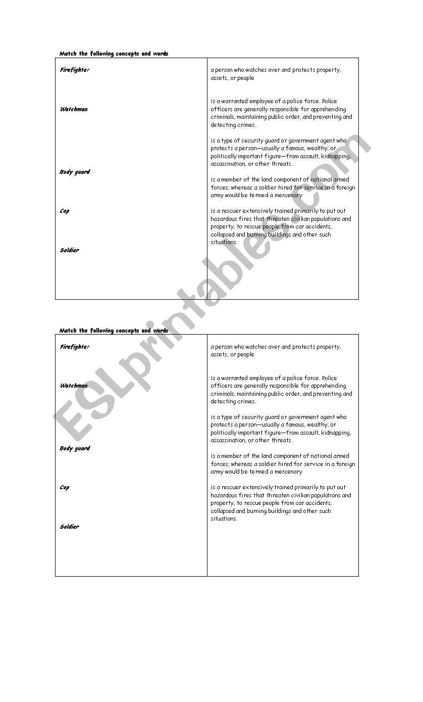 Risky jobs worksheet