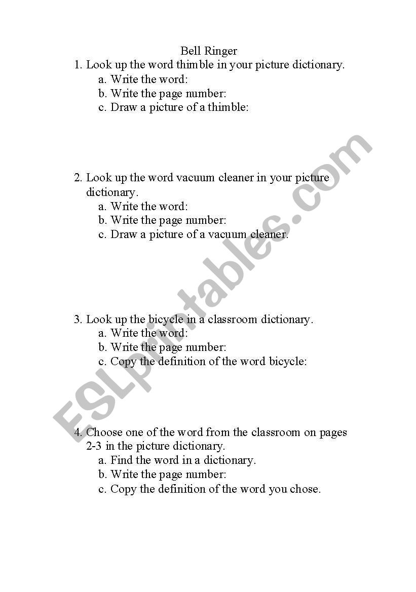 Dictionary practice worksheet