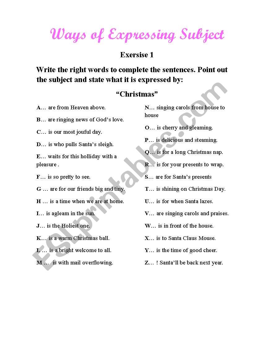 Ways of Expressing Subject worksheet