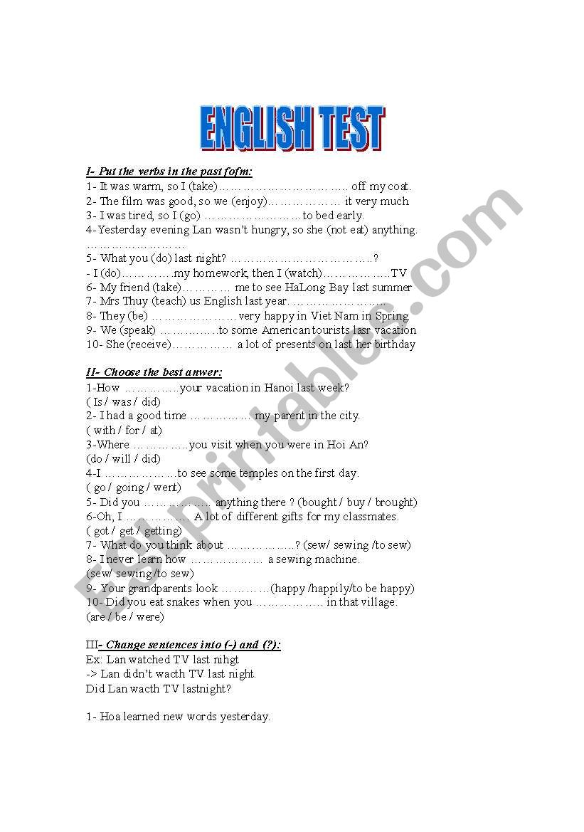 Test of English grammar worksheet
