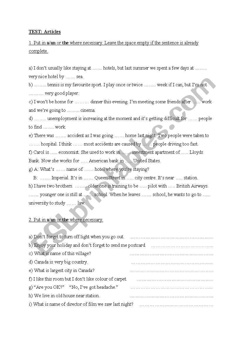 Articles teet worksheet