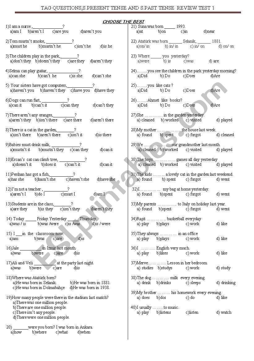 review test(tag questions,s.past and s.present tense)