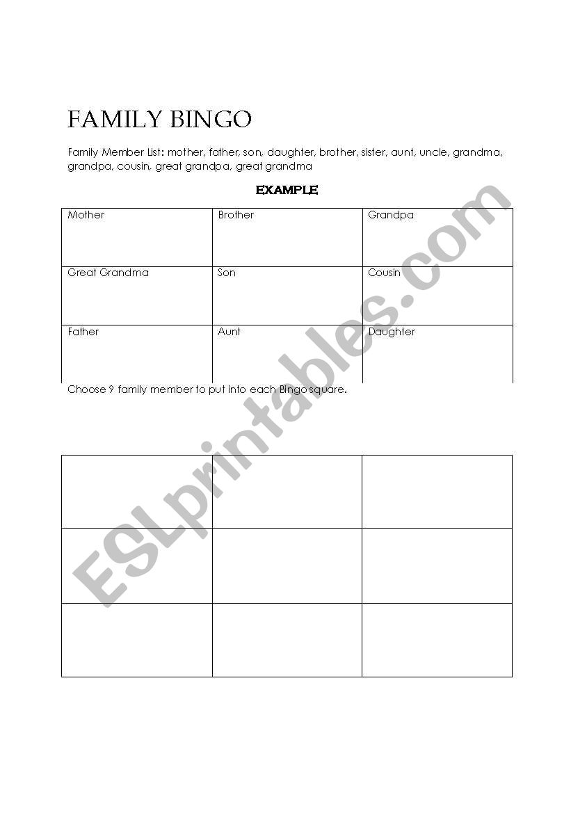 Family Bingo worksheet