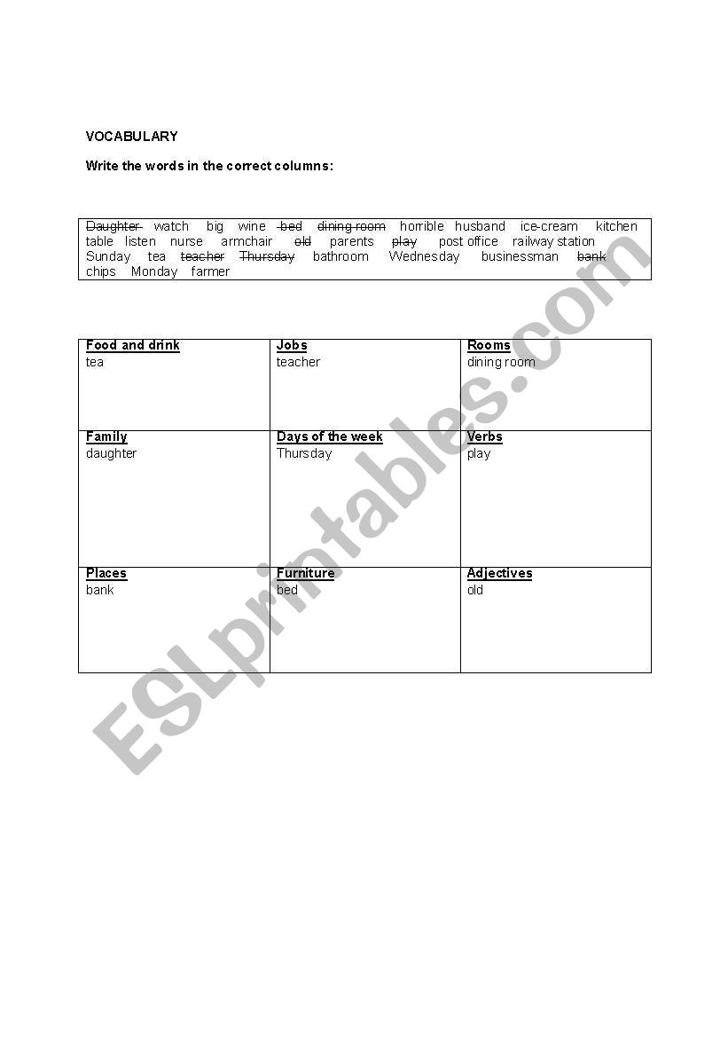 Vocabulary worksheet