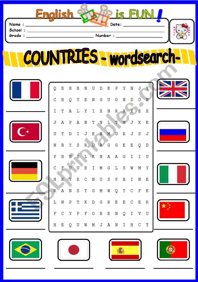 World Countries Wordsearch English Esl Worksheets For Word Search ...