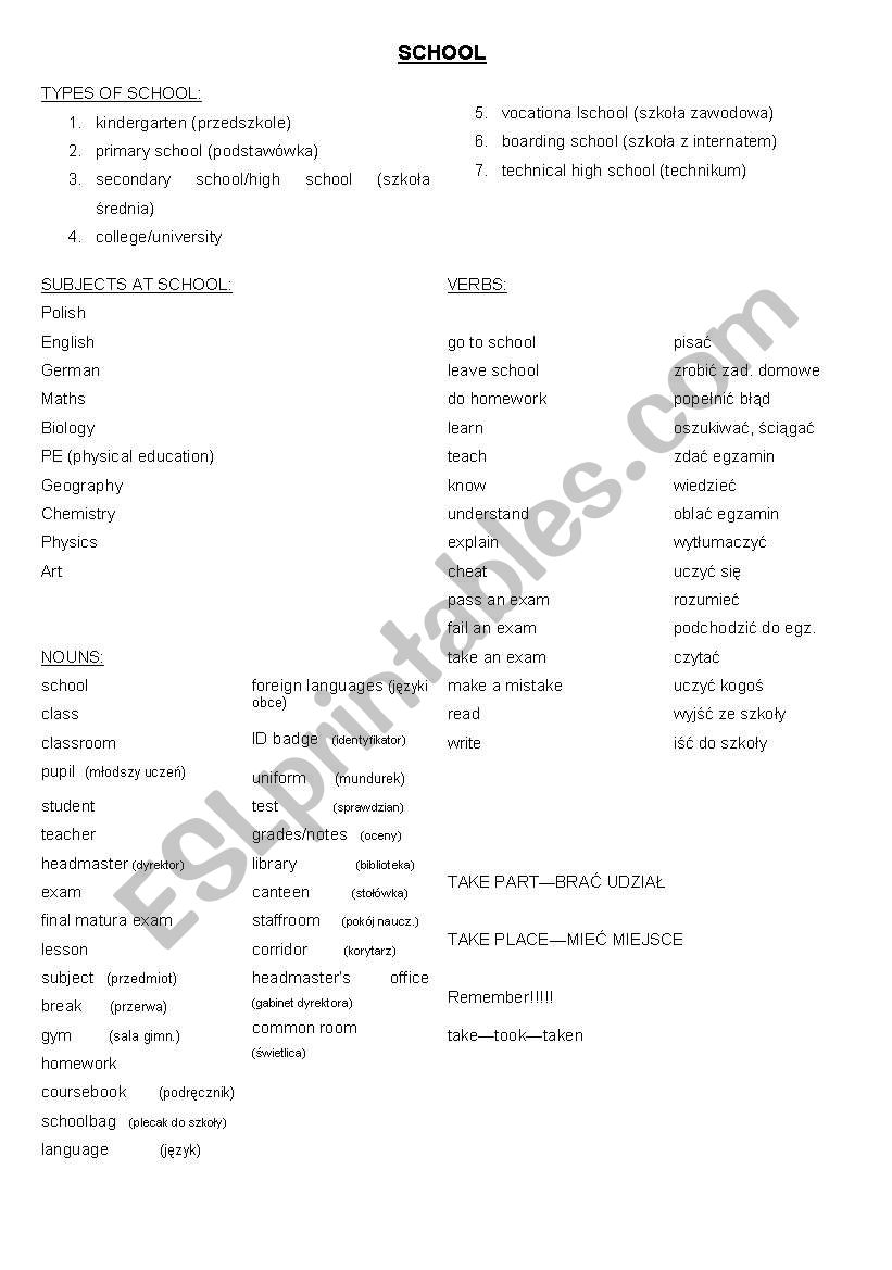 School-glossary, word bank. worksheet