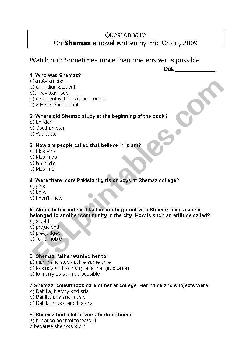 Questionnaire on Shemaz written by Eric Orton, 2005