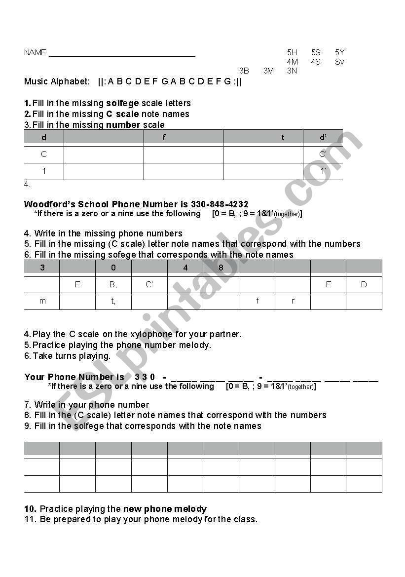 Musical Cell Number worksheet