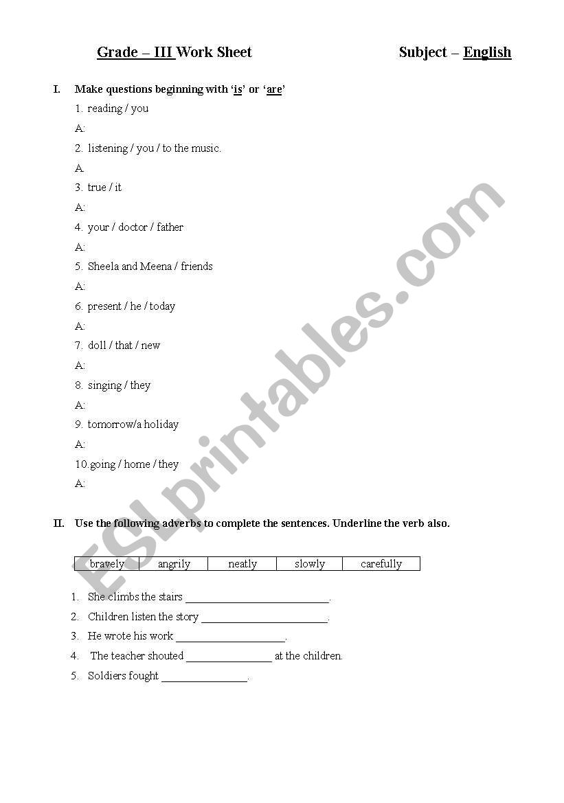 Useage of is and are, adverbs worksheet